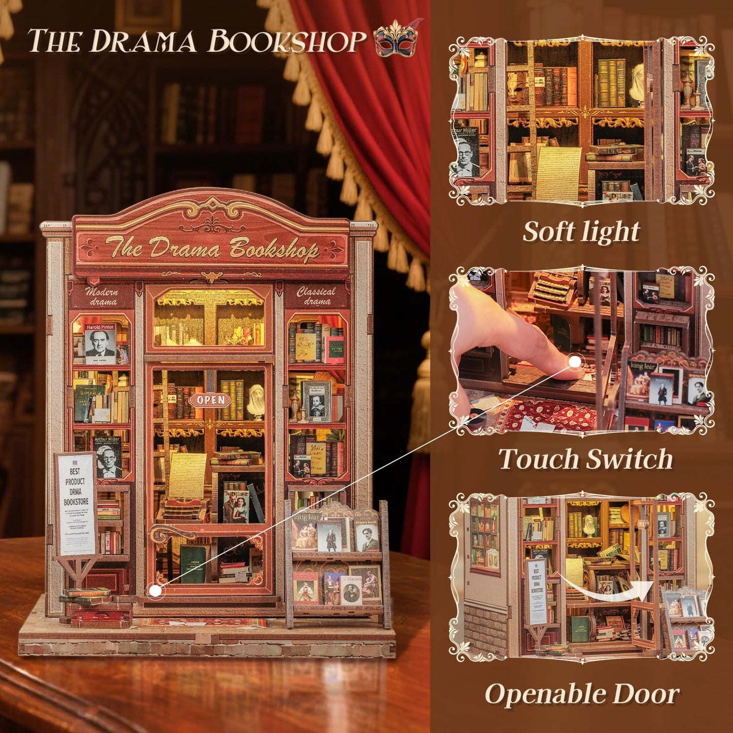 CUTEBEE Book Nook Kit – DIY Miniature Drama Bookshop Dollhouse for Adults & Teens
