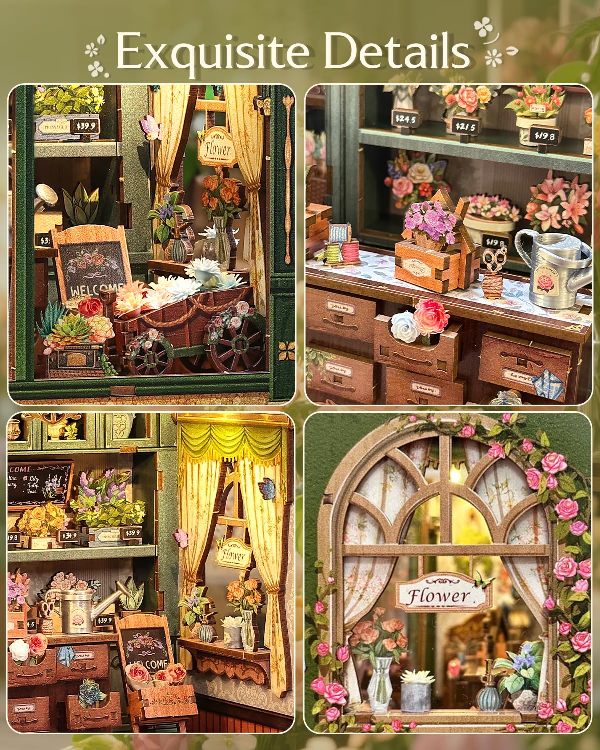 CUTEBEE Book Nook Kit – DIY Miniature Flower Shop Dollhouse for Adults & Teens | 3D Wooden Puzzle (Blossom Florists)