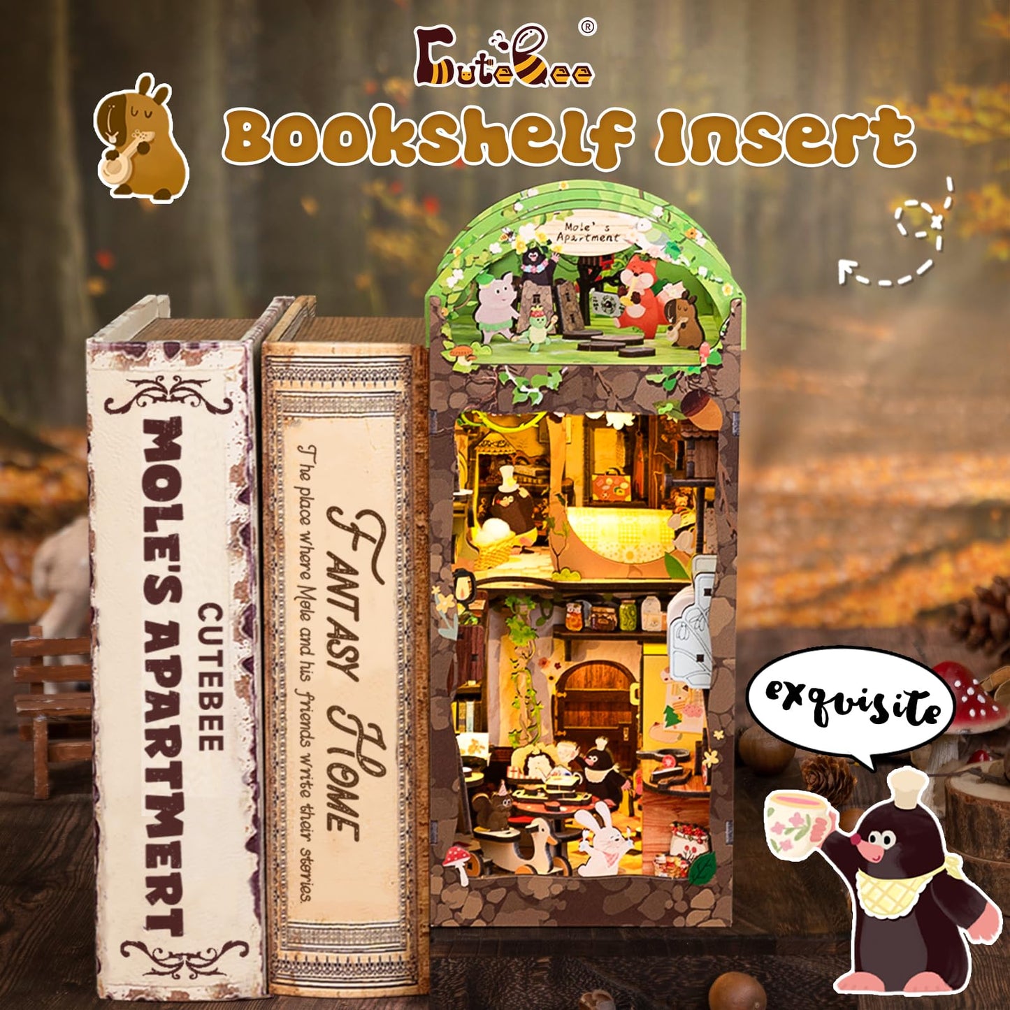 CUTEBEE Book Nook Kit – Mole's Apartment DIY Miniature House for Bookshelf Decor