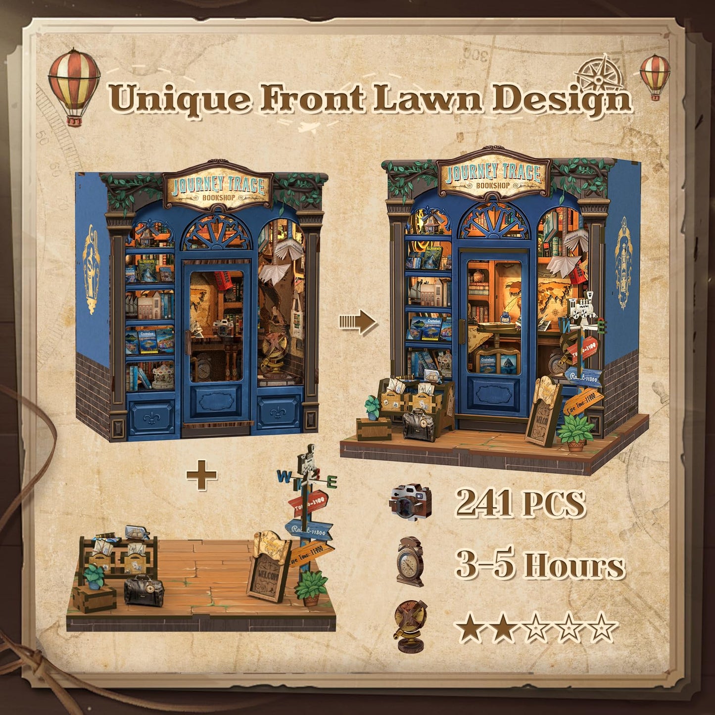 CUTEBEE Book Nook Kit – Travel-Themed DIY Miniature House for Adults & Teens | Journey Trace Bookshop