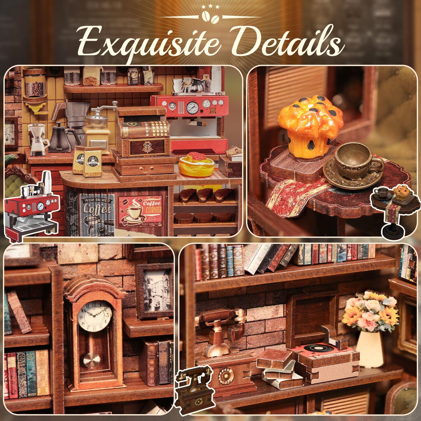 CUTEBEE Book Nook Kit – DIY Miniature Coffee Shop Dollhouse for Adults | 3D Wooden Puzzle