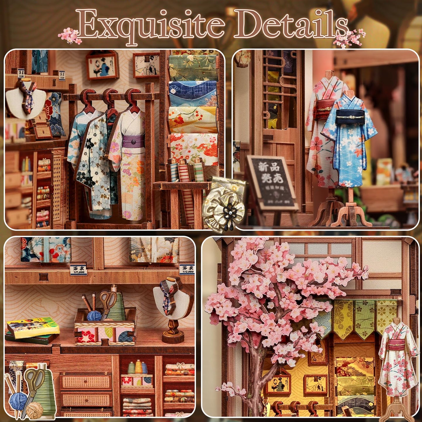 CUTEBEE Book Nook Kit: Japanese Sakura Kimono Shop 3D Wooden Puzzle with LED