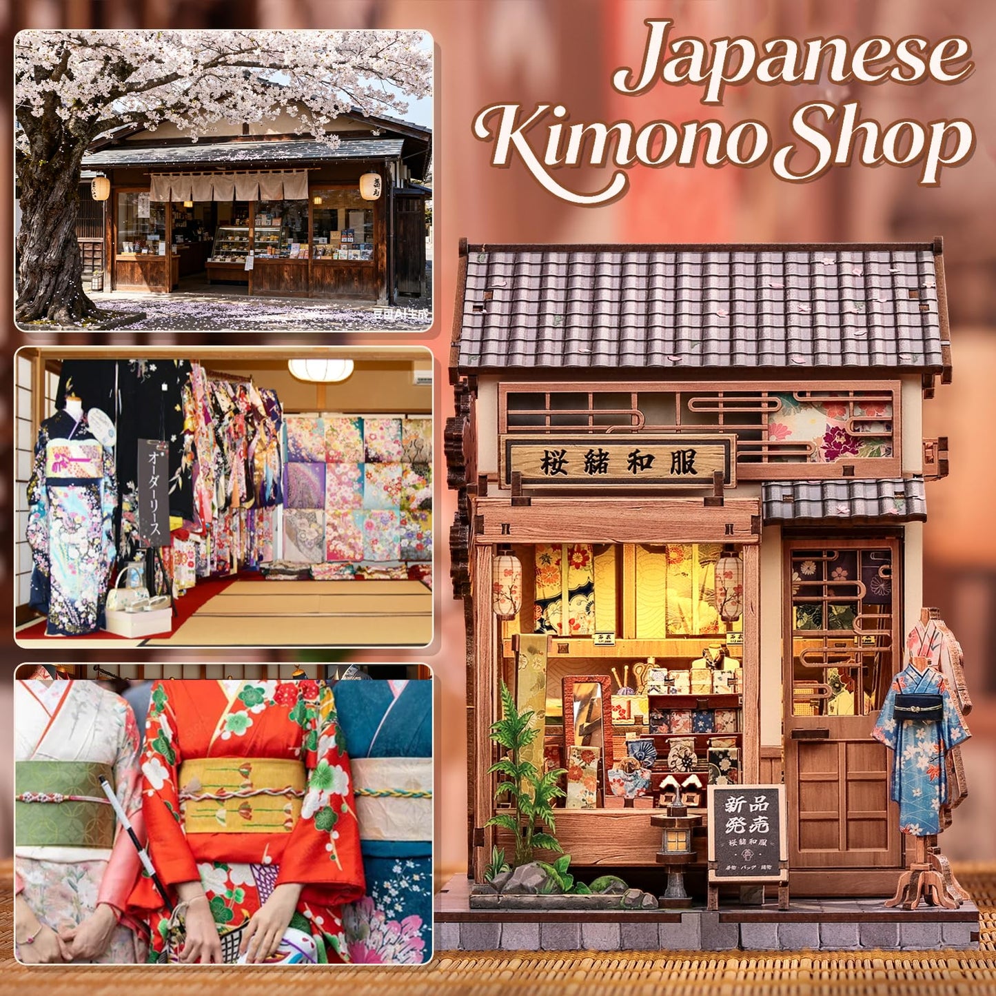 CUTEBEE Book Nook Kit: Japanese Sakura Kimono Shop 3D Wooden Puzzle with LED