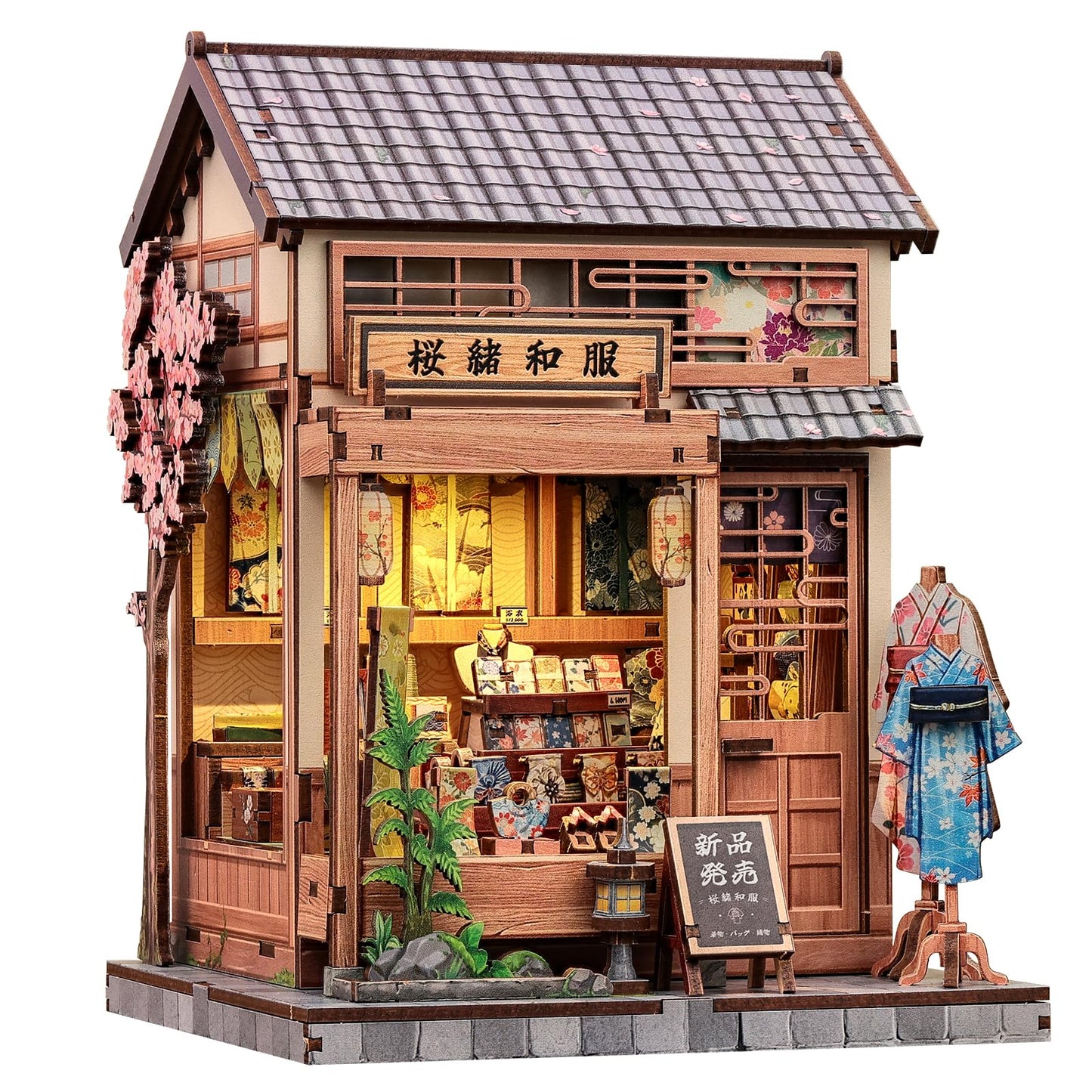CUTEBEE Book Nook Kit: Japanese Sakura Kimono Shop 3D Wooden Puzzle with LED