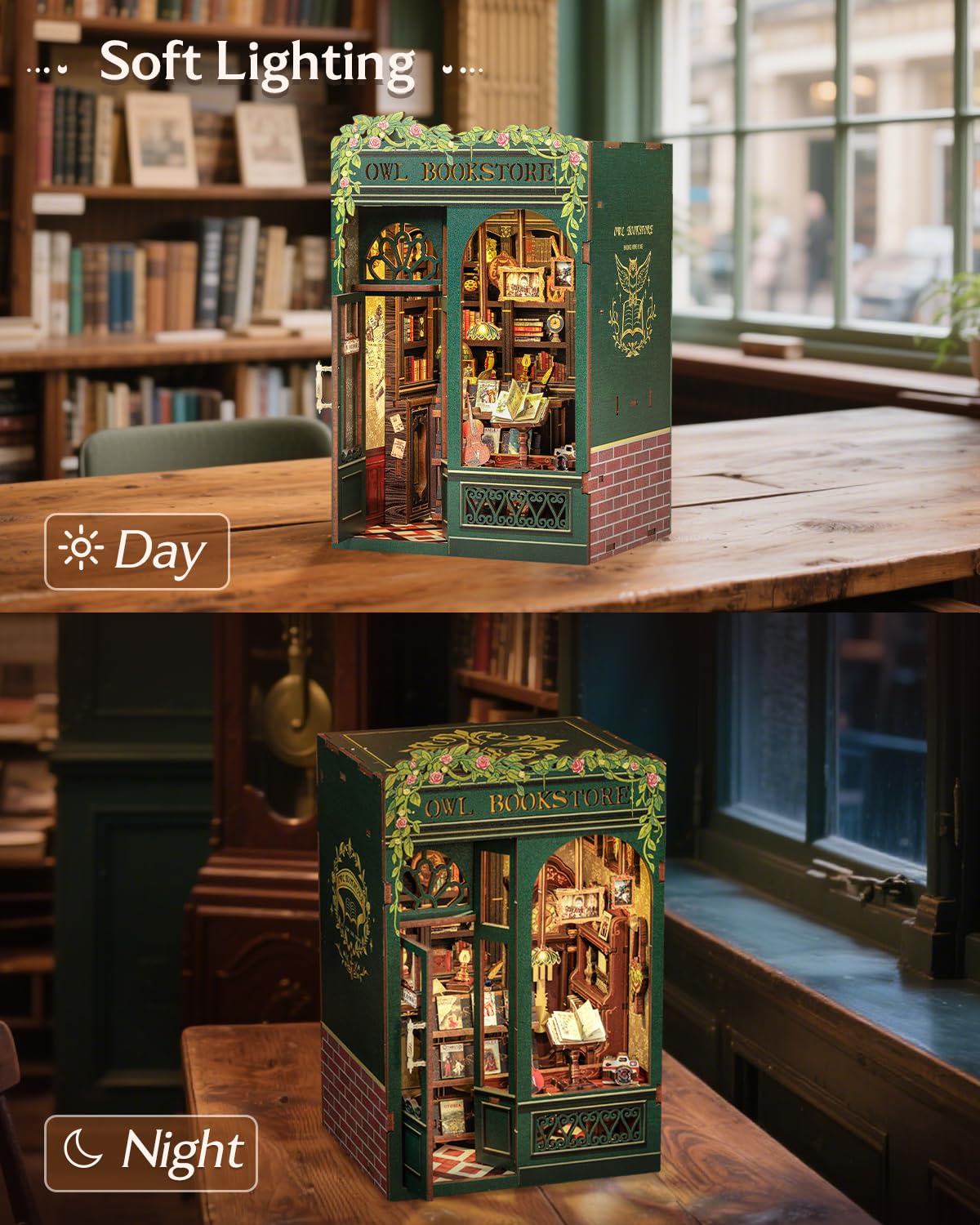 CUTEBEE Owl Bookstore Book Nook Kit – DIY LED Miniature House