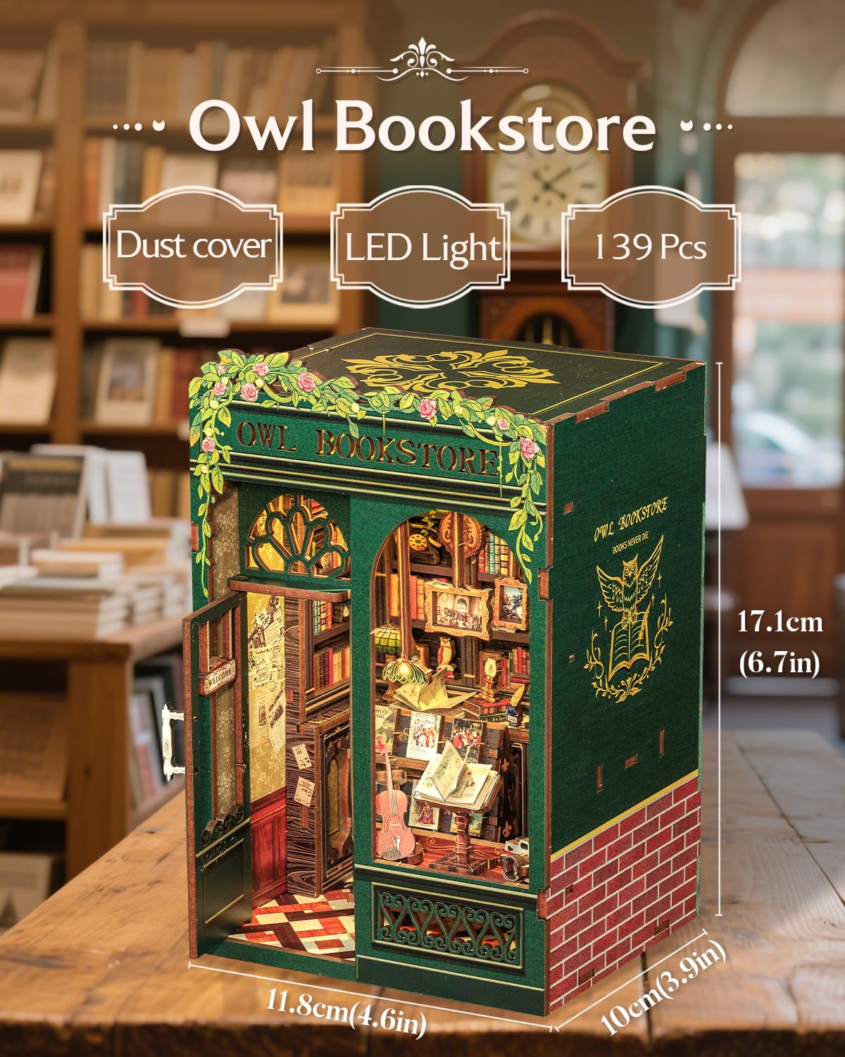CUTEBEE Owl Bookstore Book Nook Kit – DIY LED Miniature House