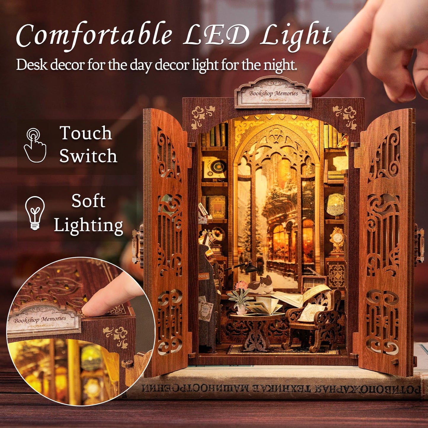 CUTEBEE Book Nook Kit – DIY Miniature Library with LED Light (Bookshop Memories)