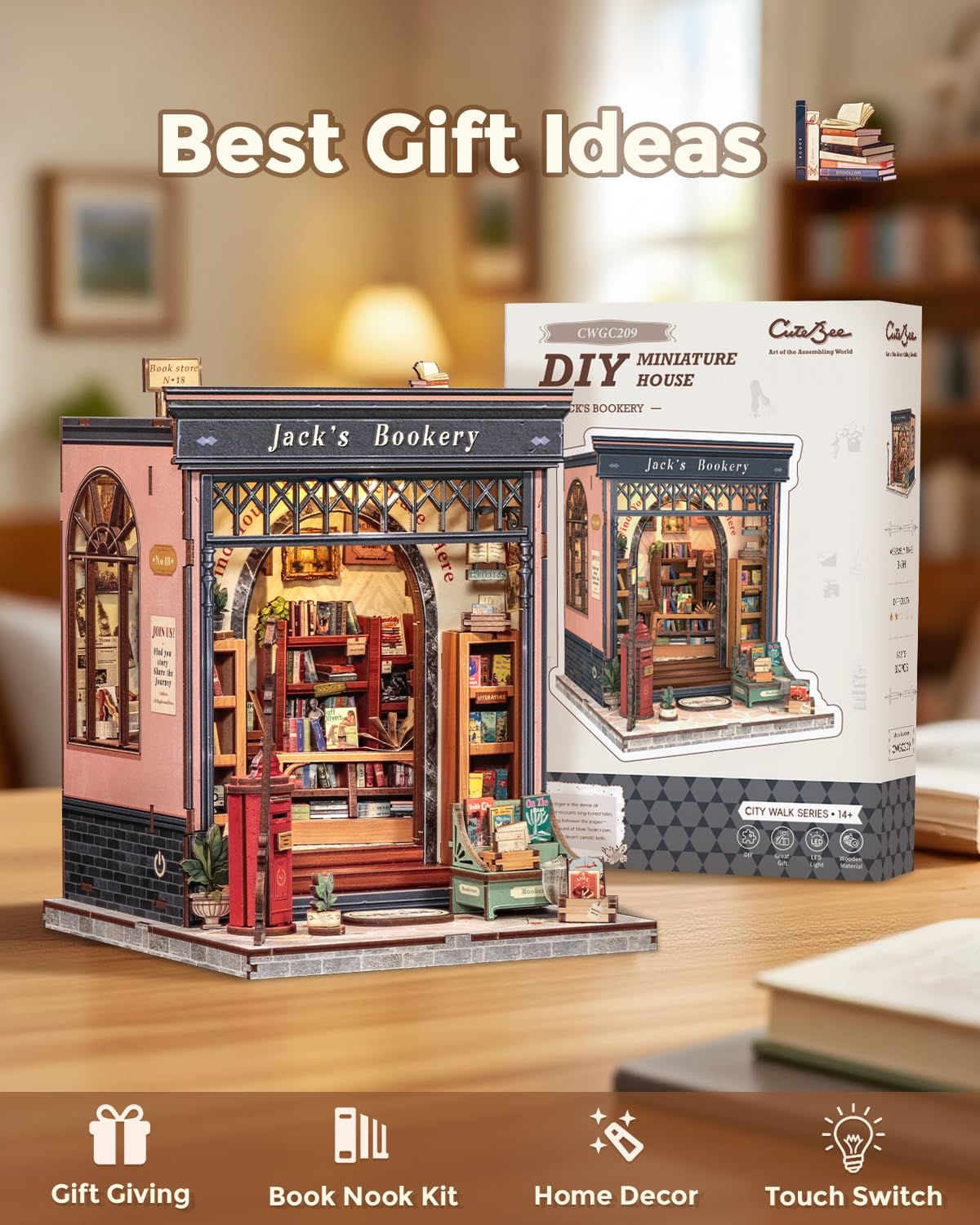 CUTEBEE Book Nook Kit - DIY Miniature Dollhouse with Sensor LED Lighting for Adults & Teens