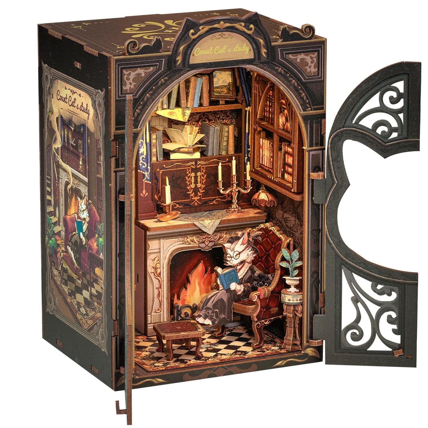CUTEBEE DIY Book Nook Kit – Count Cat's Study with Sensor LED Light