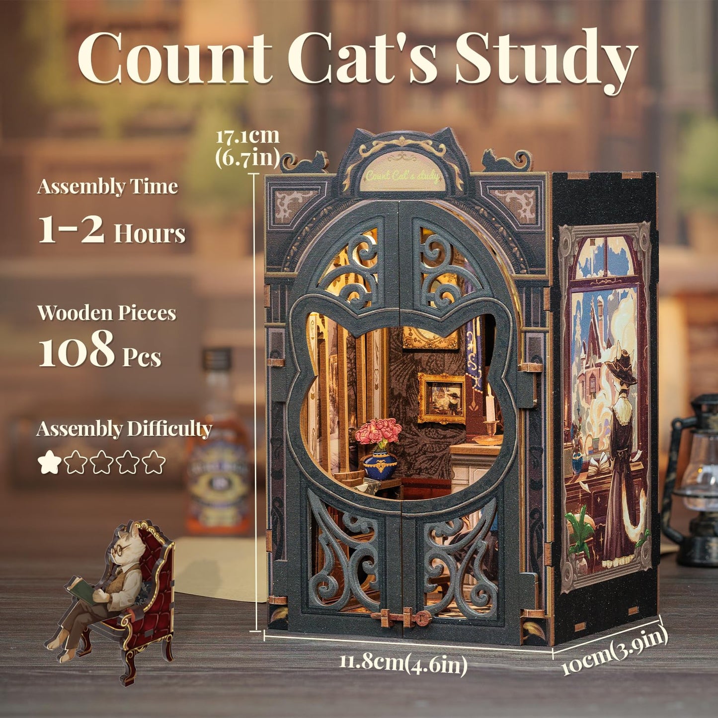 CUTEBEE DIY Book Nook Kit – Count Cat's Study with Sensor LED Light
