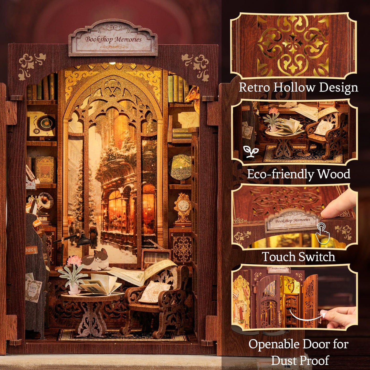 CUTEBEE Book Nook Kit – DIY Miniature Library with LED Light (Bookshop Memories)