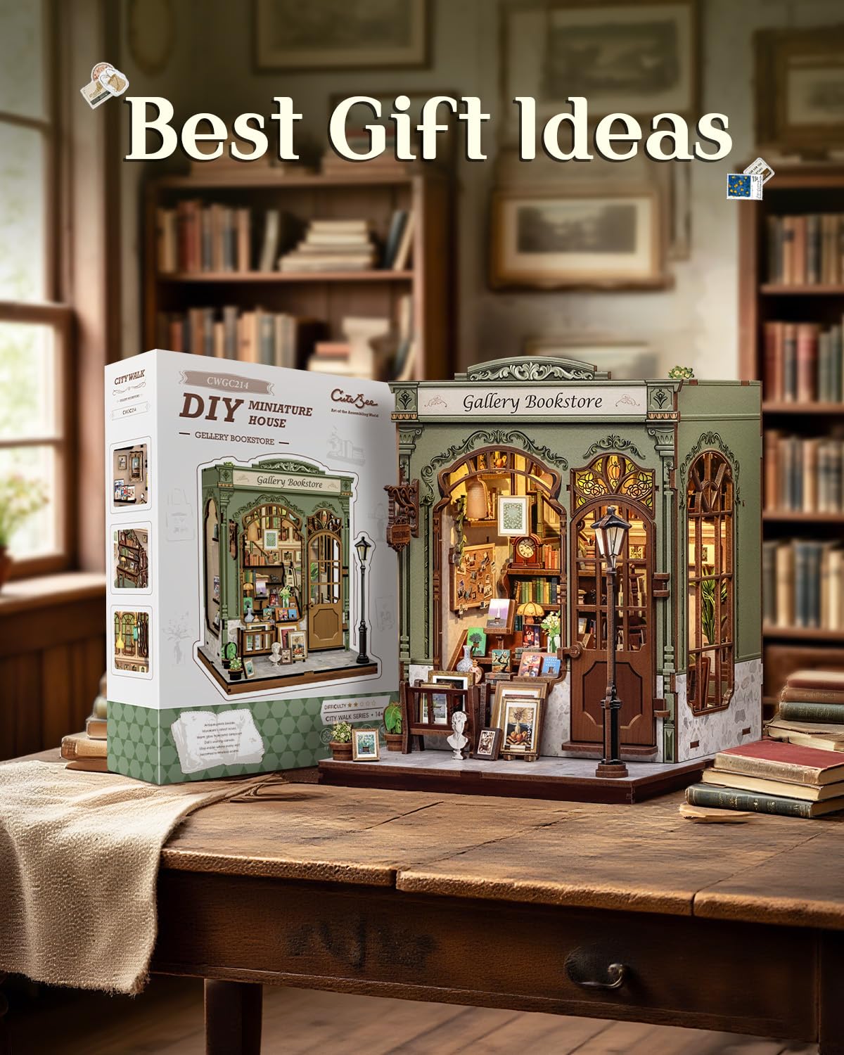 CUTEBEE Book Nook Kit – DIY Miniature House with LED, 3D Puzzle & Bookend