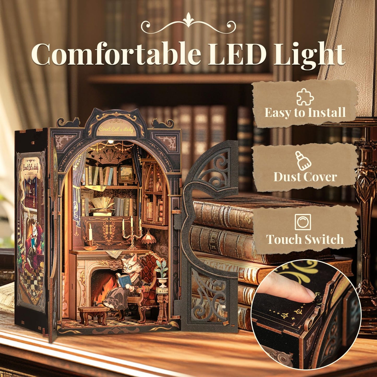 CUTEBEE DIY Book Nook Kit – Count Cat's Study with Sensor LED Light