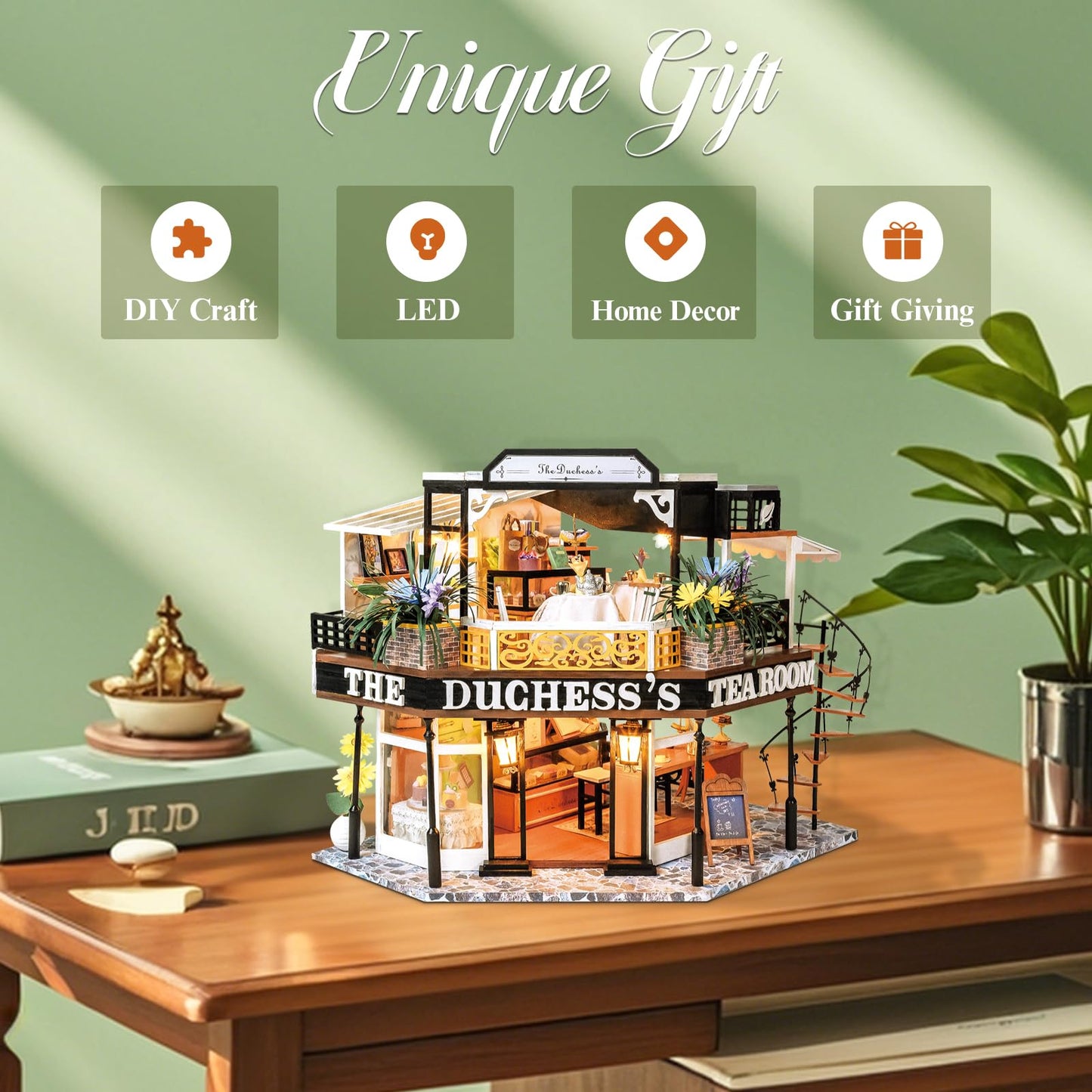 CUTEBEE Dollhouse Miniature with Furniture – The Duchess's Tea Room DIY Kit (Dust-Proof Display)