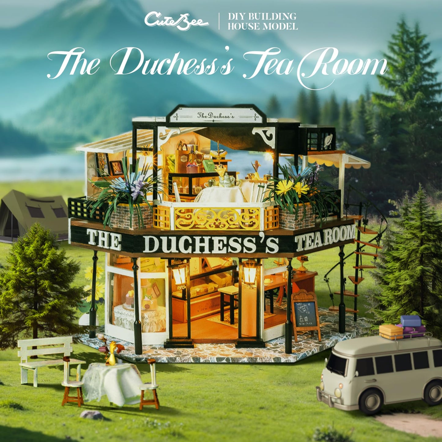 CUTEBEE Dollhouse Miniature with Furniture – The Duchess's Tea Room DIY Kit (Dust-Proof Display)