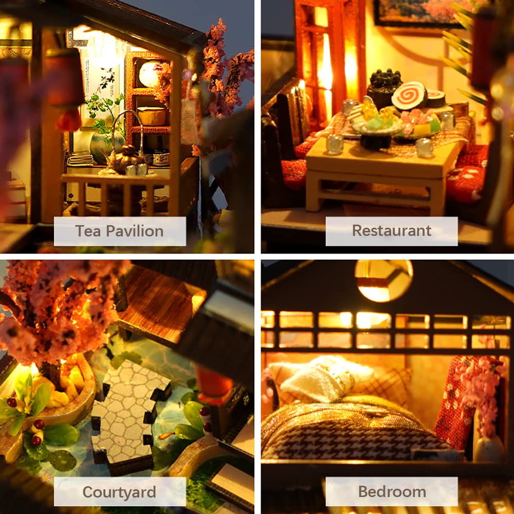 CUTEBEE Japanese Garden Dollhouse Kit with Furniture – DIY Wooden Miniature, Dust-Proof Display