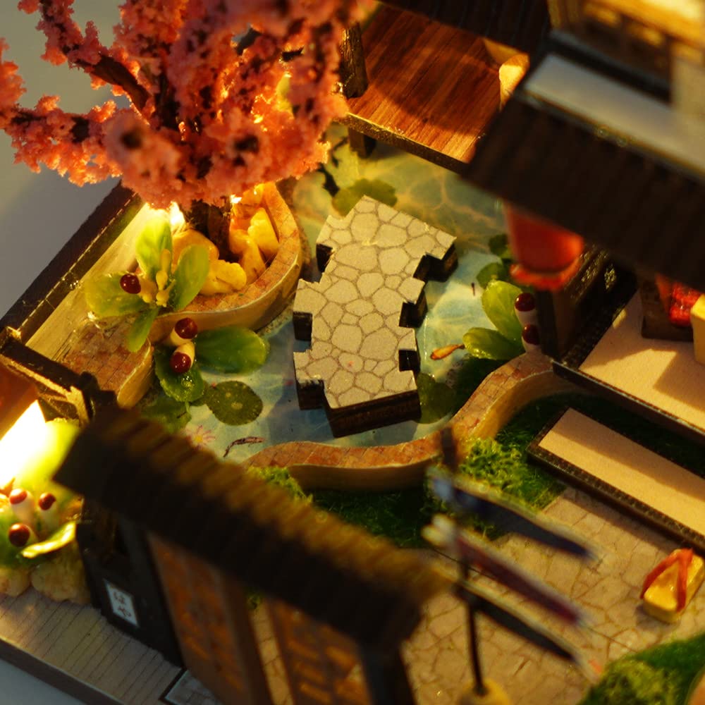 CUTEBEE Japanese Garden Dollhouse Kit with Furniture – DIY Wooden Miniature, Dust-Proof Display
