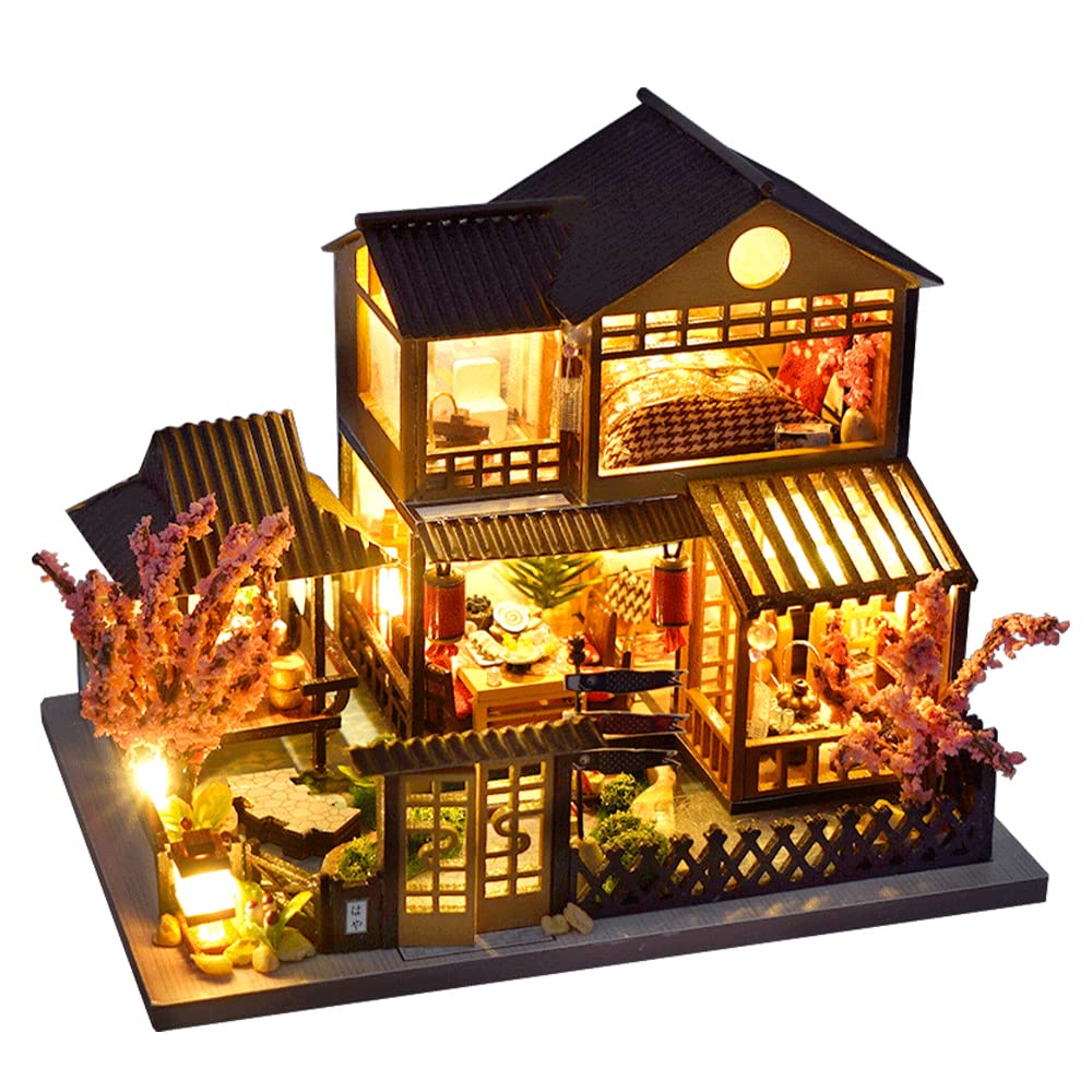 CUTEBEE Japanese Garden Dollhouse Kit with Furniture – DIY Wooden Miniature, Dust-Proof Display