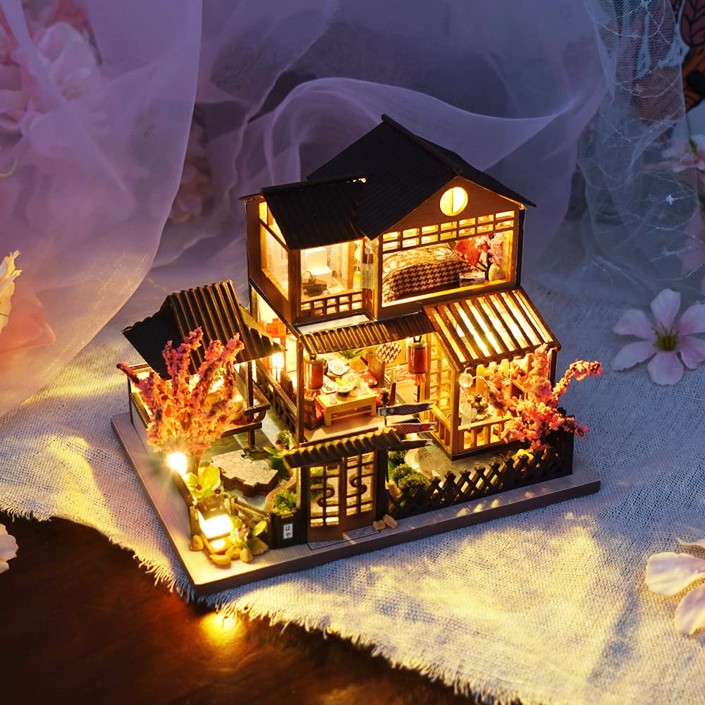 CUTEBEE Japanese Garden Dollhouse Kit with Furniture – DIY Wooden Miniature, Dust-Proof Display