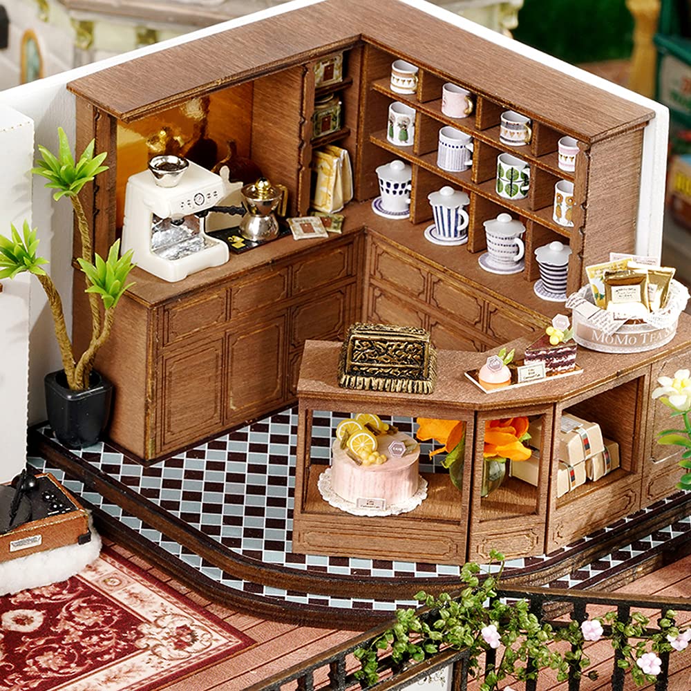 CUTEBEE Forest Tea Shop Dollhouse Kit — DIY Wooden Miniatures with LED