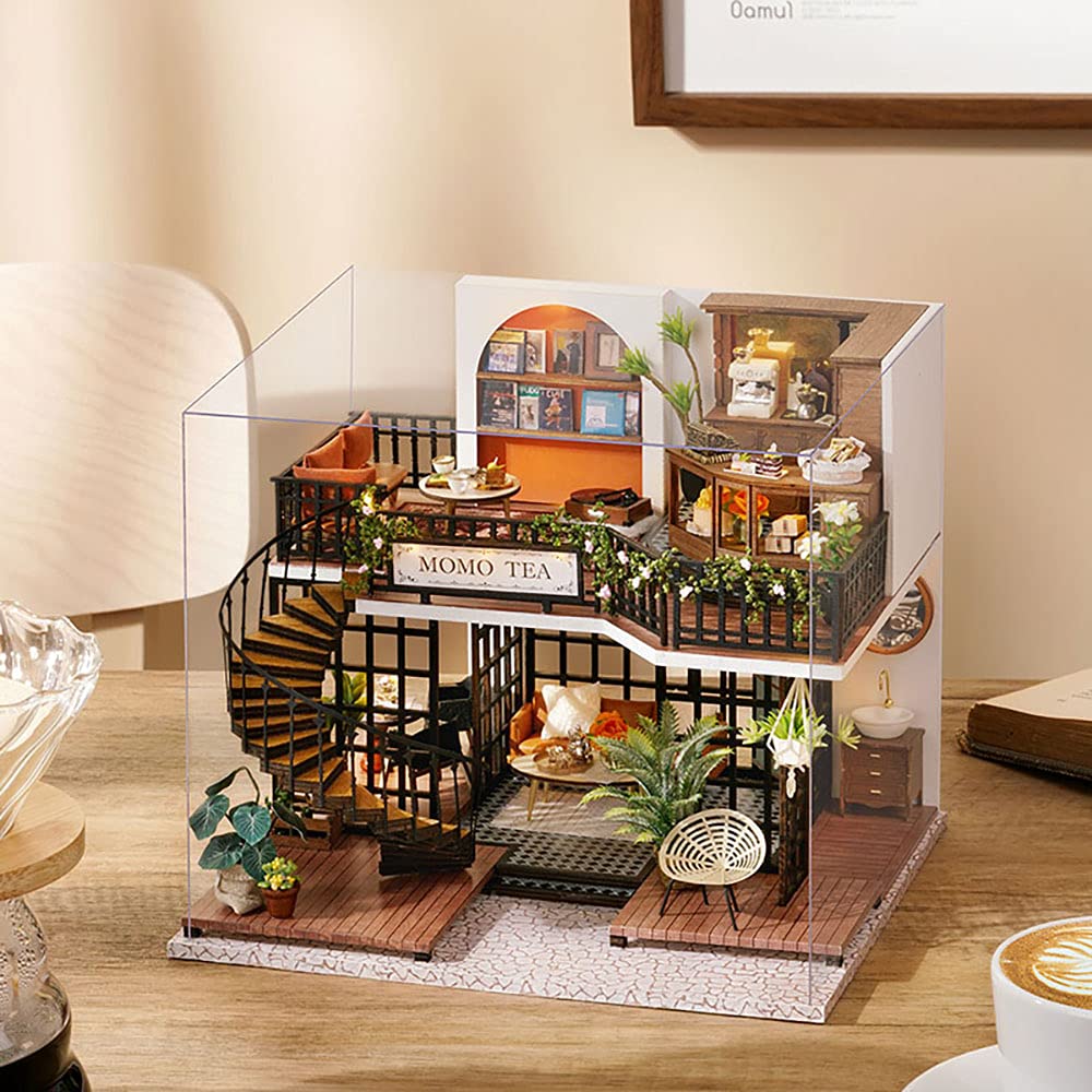 CUTEBEE Forest Tea Shop Dollhouse Kit — DIY Wooden Miniatures with LED