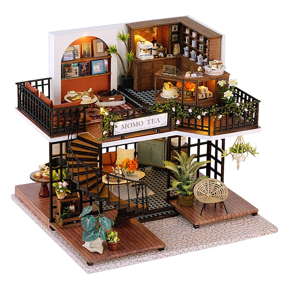 CUTEBEE Forest Tea Shop Dollhouse Kit — DIY Wooden Miniatures with LED