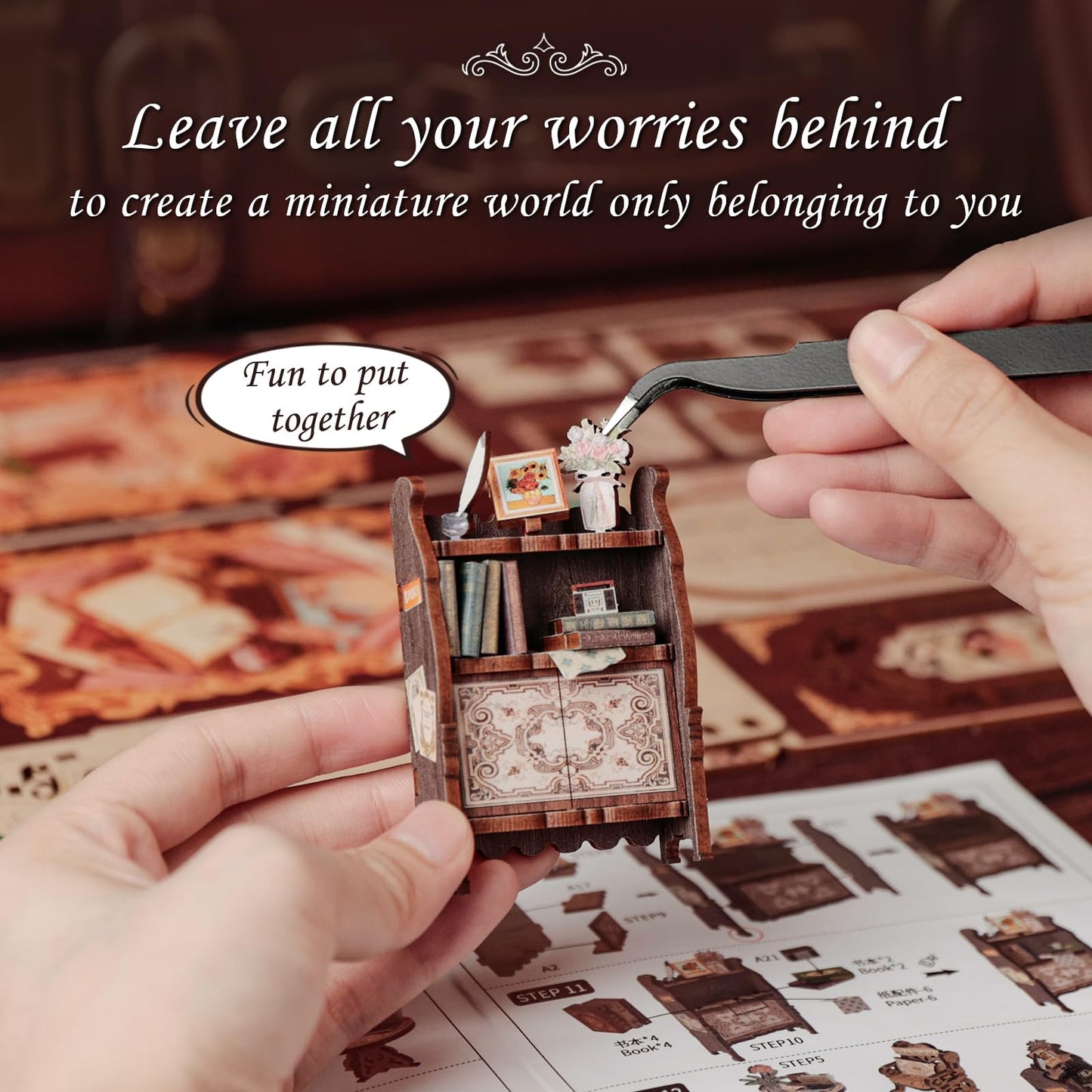 CUTEBEE Book Nook Kit – DIY Miniature Library with LED Light (Bookshop Memories)