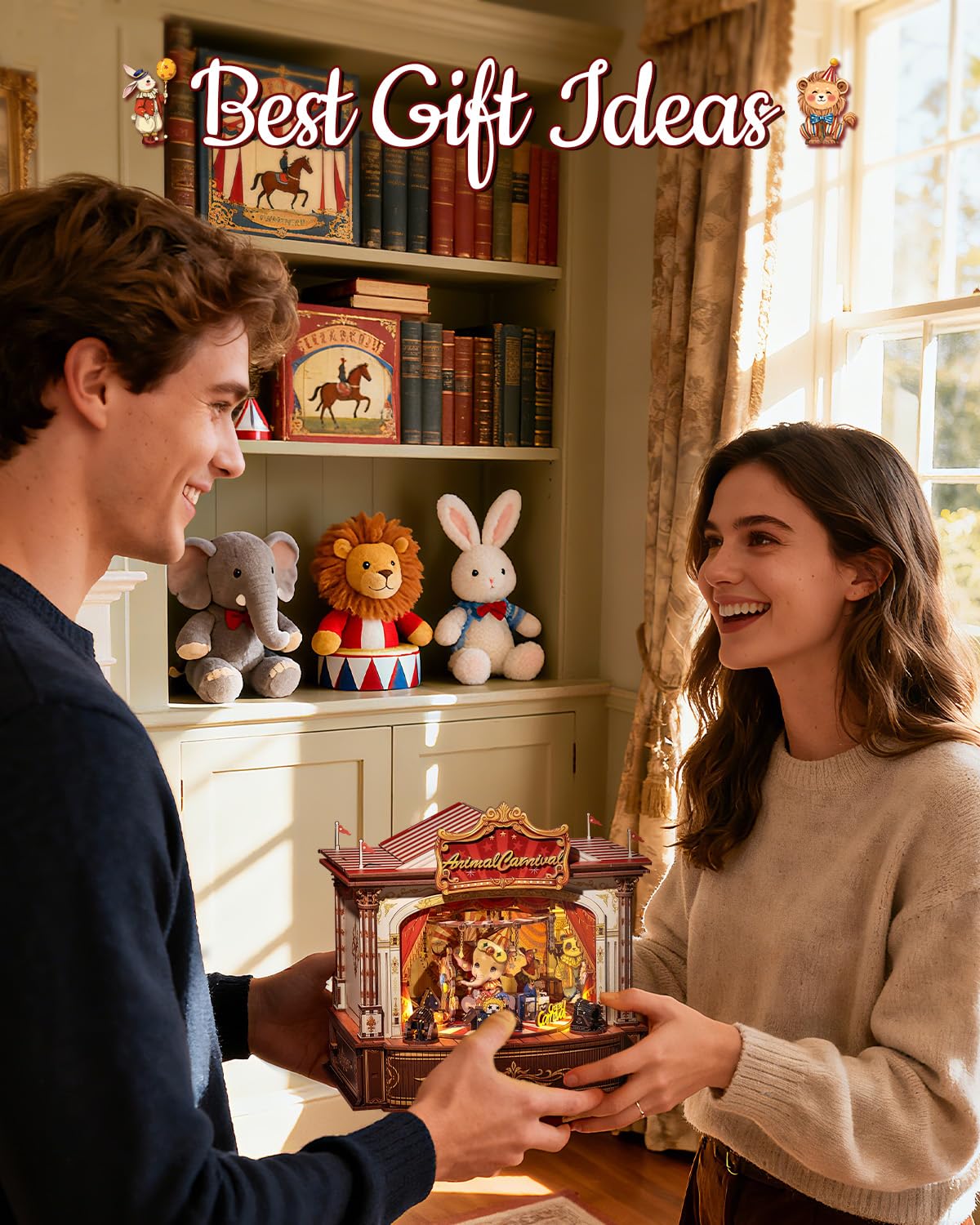 CUTEBEE 3D Wooden Puzzles Music Box – Merry-Go-Round DIY Book Nook with LED