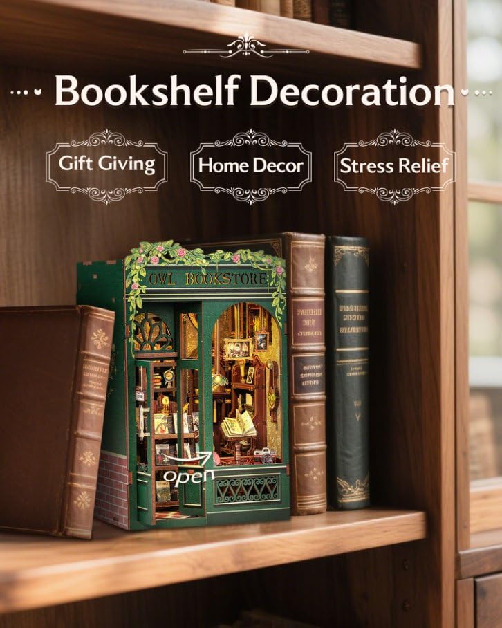 CUTEBEE Owl Bookstore Book Nook Kit – DIY LED Miniature House