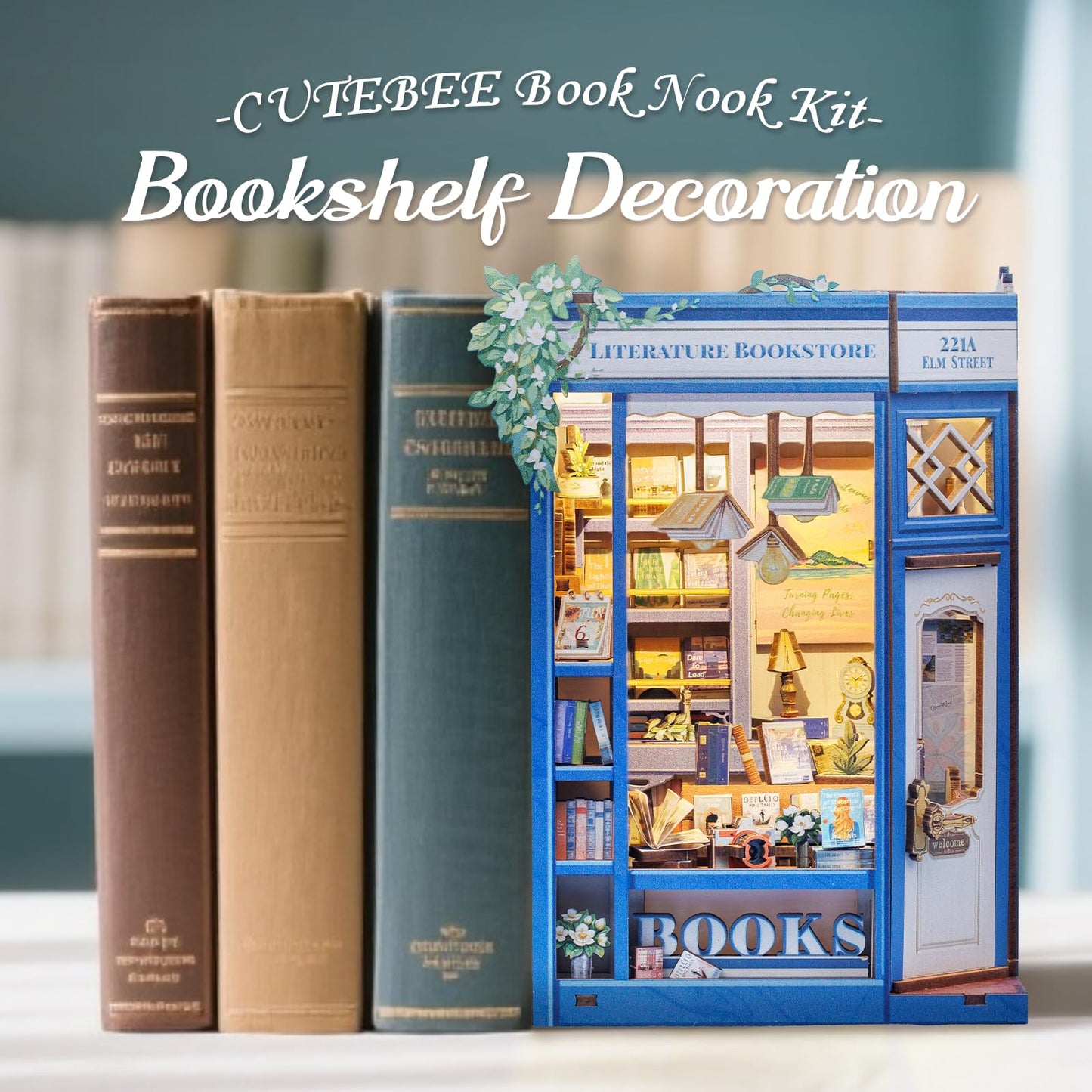 CUTEBEE DIY Book Nook Kit — Miniature House Kit with Sensor LED Light