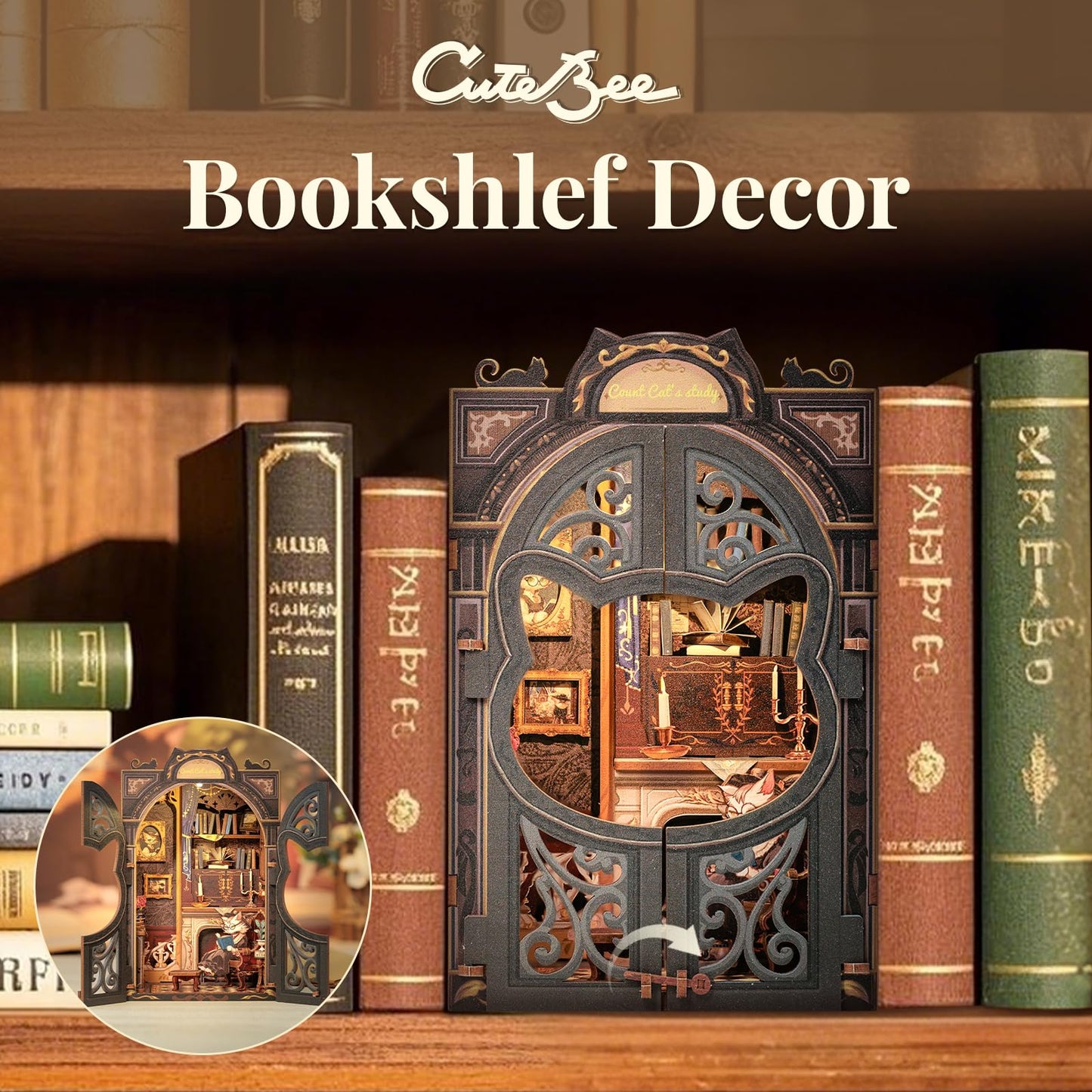 CUTEBEE DIY Book Nook Kit – Count Cat's Study with Sensor LED Light