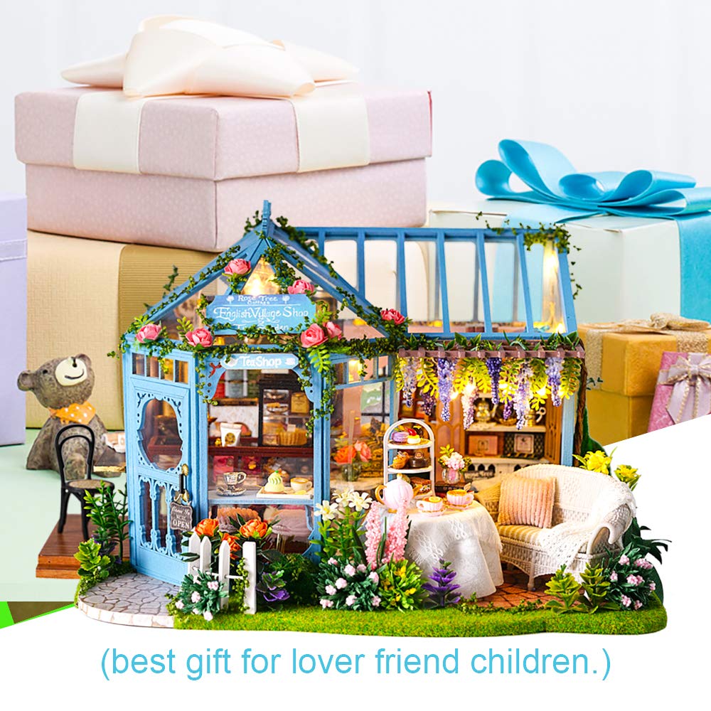 CUTEBEE Rose Garden Tea House Dollhouse Kit – 1:24 DIY Miniature with LED and Furniture