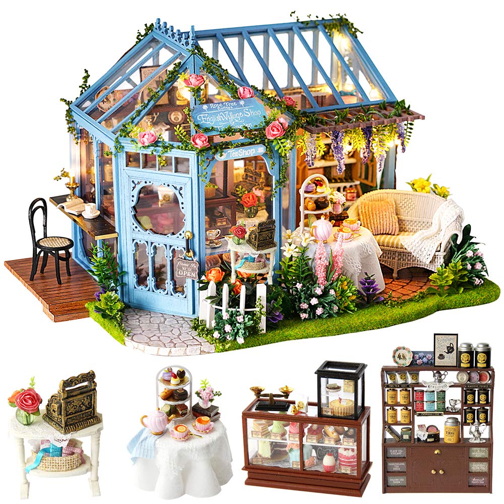 CUTEBEE Rose Garden Tea House Dollhouse Kit – 1:24 DIY Miniature with LED and Furniture