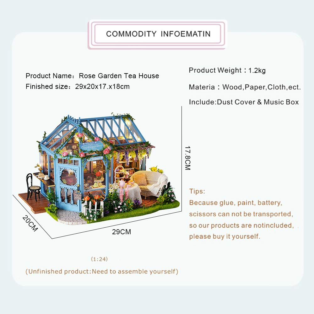 CUTEBEE Rose Garden Tea House Dollhouse Kit – 1:24 DIY Miniature with LED and Furniture