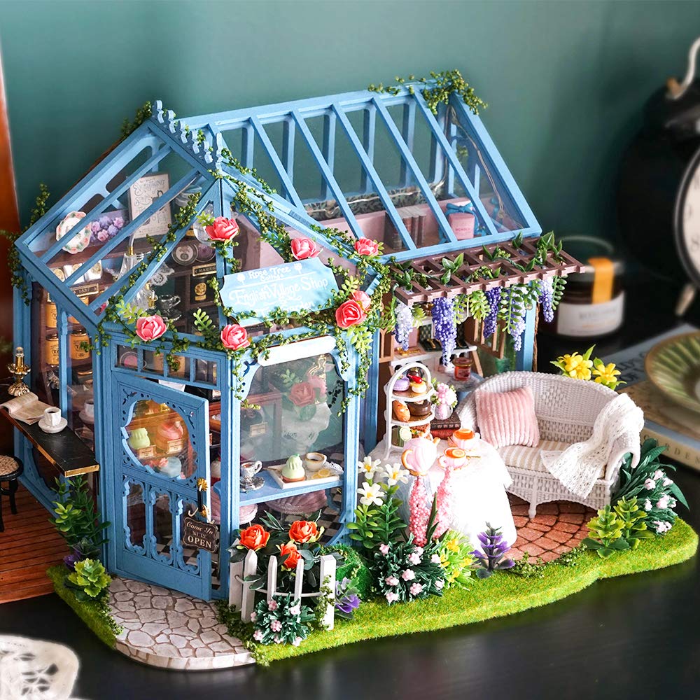 CUTEBEE Rose Garden Tea House Dollhouse Kit – 1:24 DIY Miniature with LED and Furniture