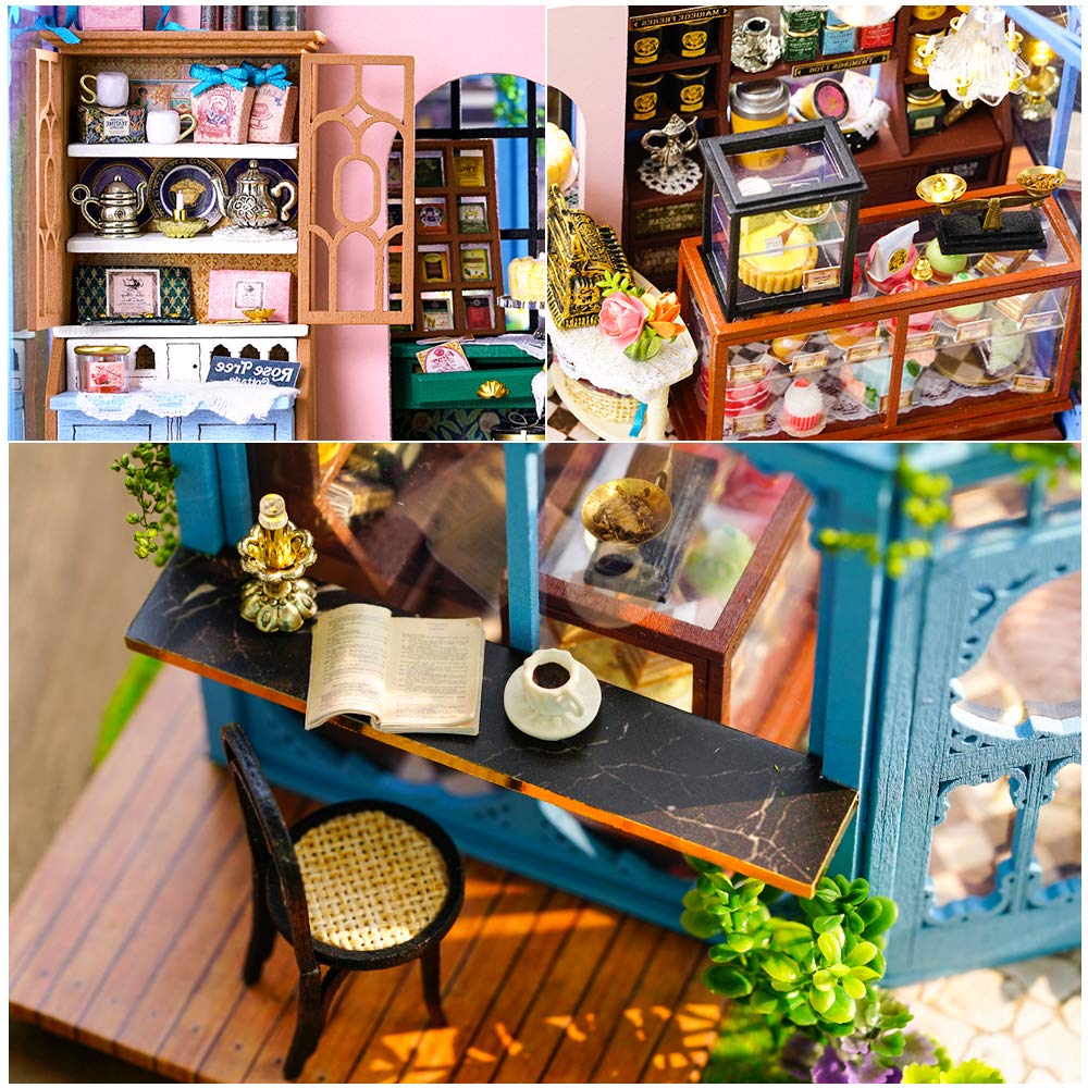CUTEBEE Rose Garden Tea House Dollhouse Kit – 1:24 DIY Miniature with LED and Furniture