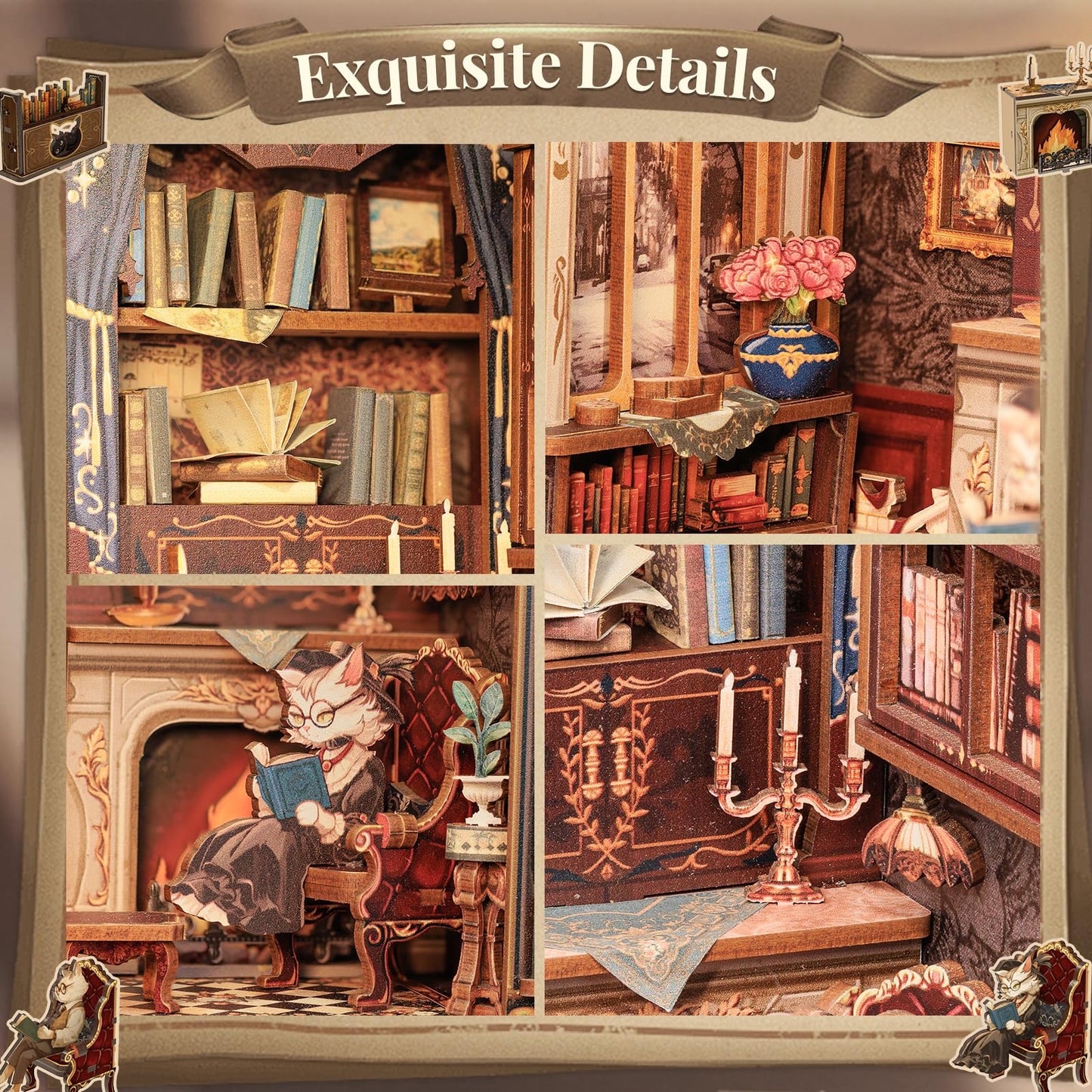 CUTEBEE DIY Book Nook Kit – Count Cat's Study with Sensor LED Light