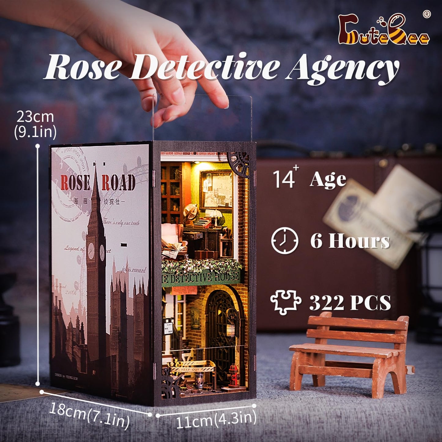 CUTEBEE Book Nook Kit – DIY Miniature Dollhouse with LED Light for Shelves