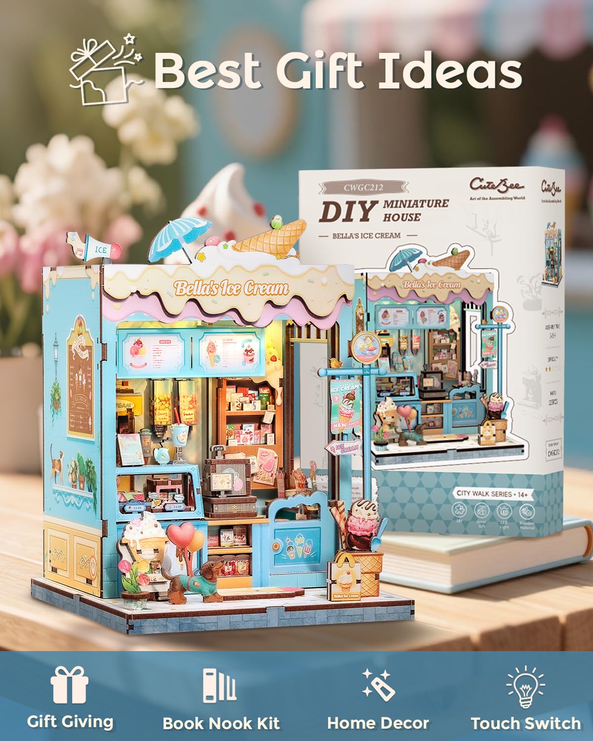 CUTEBEE Book Nook Kit – DIY Miniature Dollhouse for Bookshelves with LED Lighting
