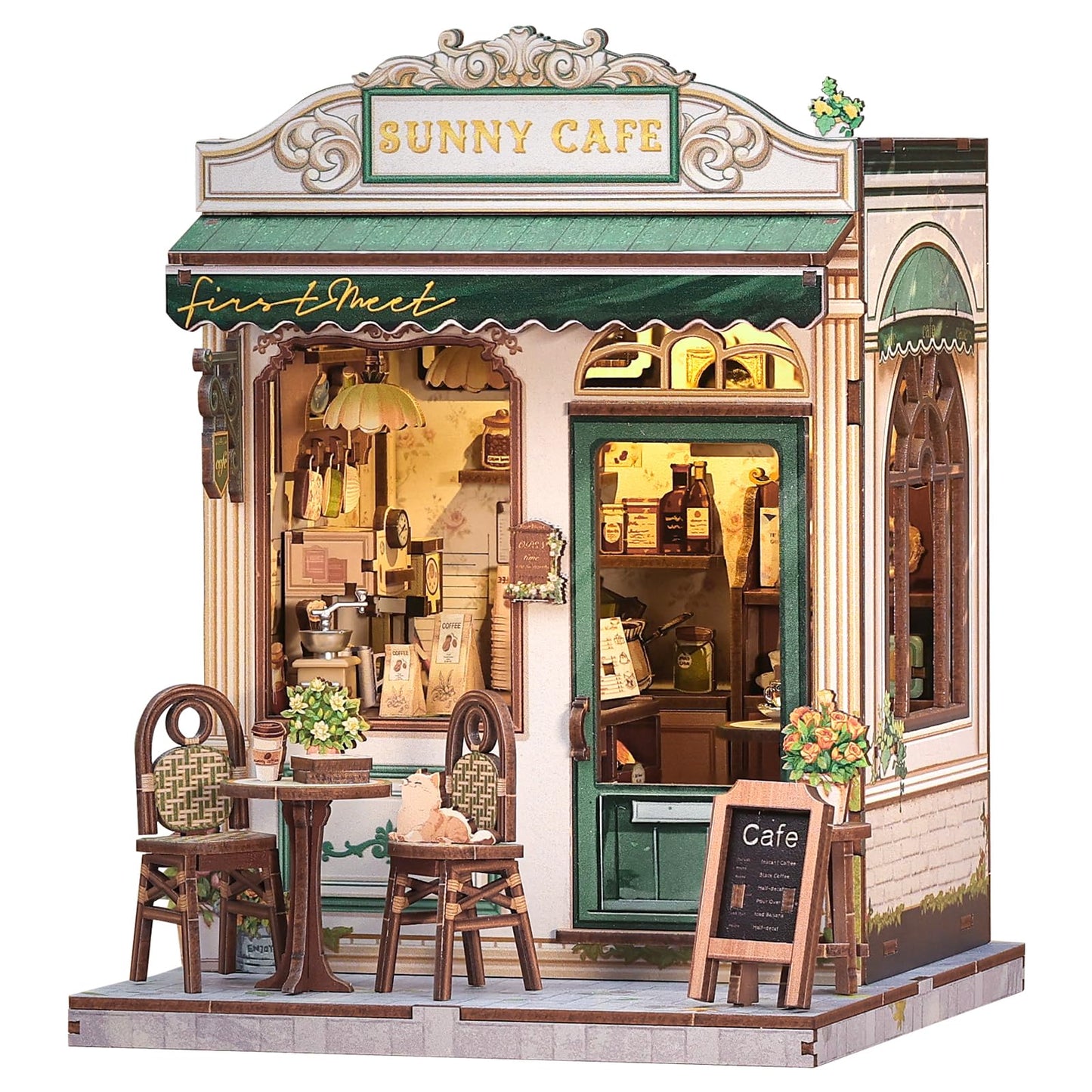 CUTEBEE Sunny Cafe Book Nook Kit - DIY Miniature House with LED Light | Shelf Decor & Gift Idea