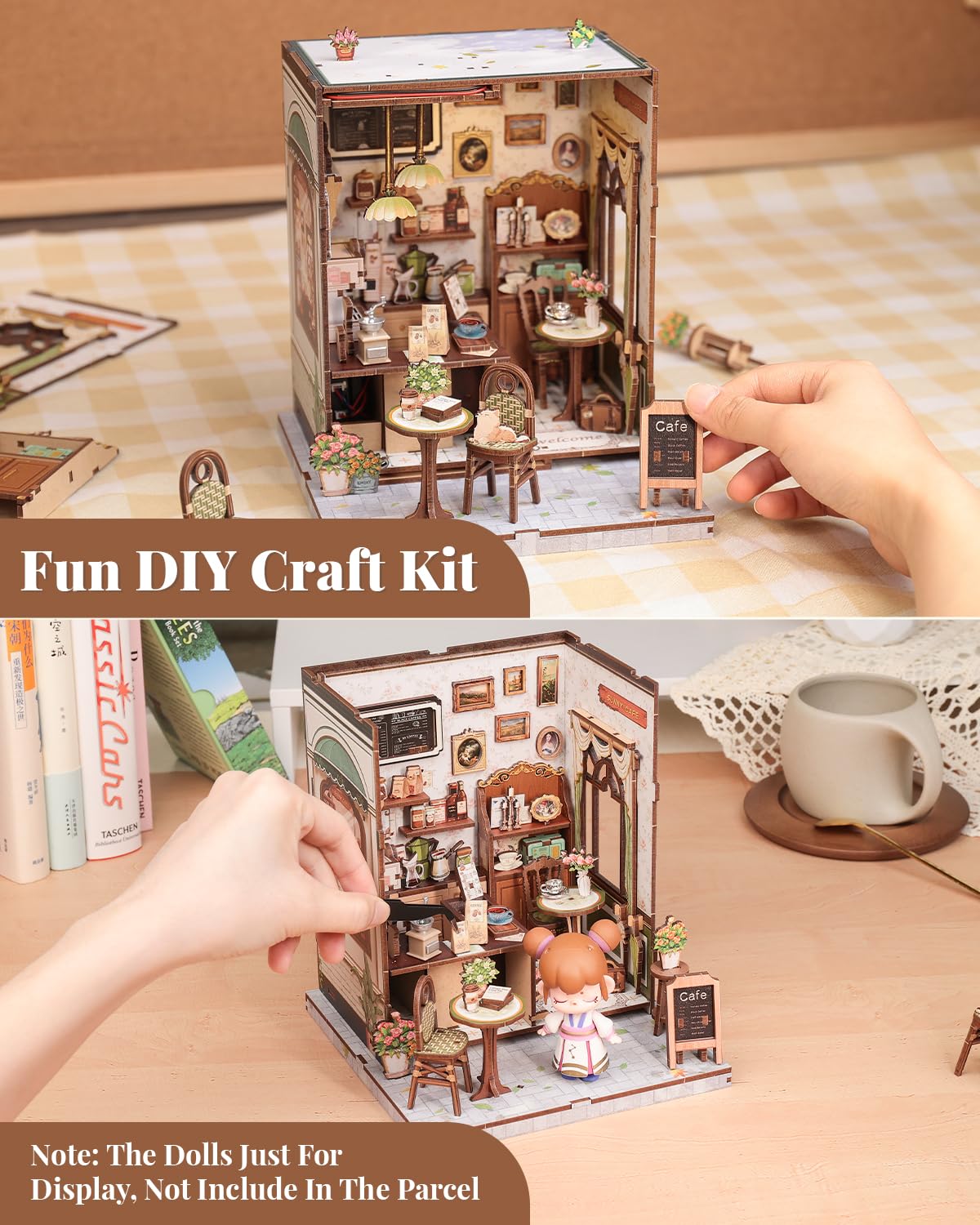 CUTEBEE Sunny Cafe Book Nook Kit - DIY Miniature House with LED Light | Shelf Decor & Gift Idea