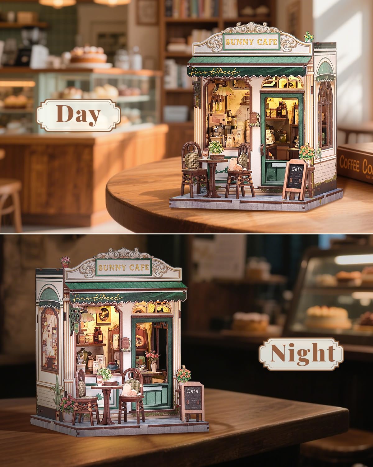 CUTEBEE Sunny Cafe Book Nook Kit - DIY Miniature House with LED Light | Shelf Decor & Gift Idea