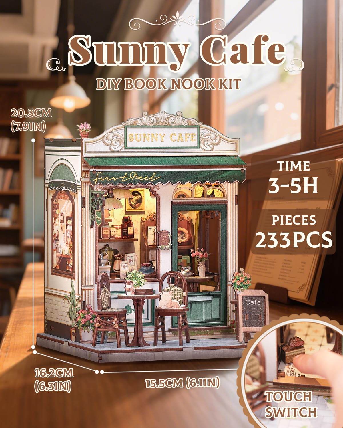 CUTEBEE Sunny Cafe Book Nook Kit - DIY Miniature House with LED Light | Shelf Decor & Gift Idea