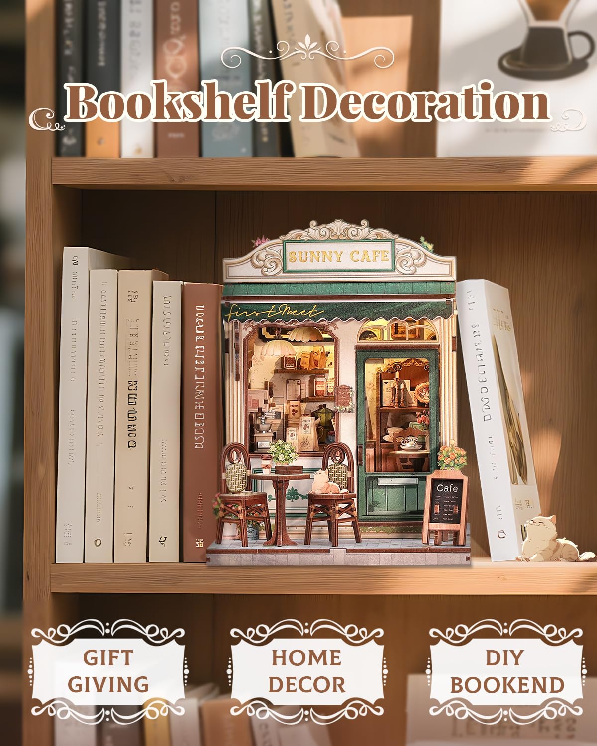 CUTEBEE Sunny Cafe Book Nook Kit - DIY Miniature House with LED Light | Shelf Decor & Gift Idea