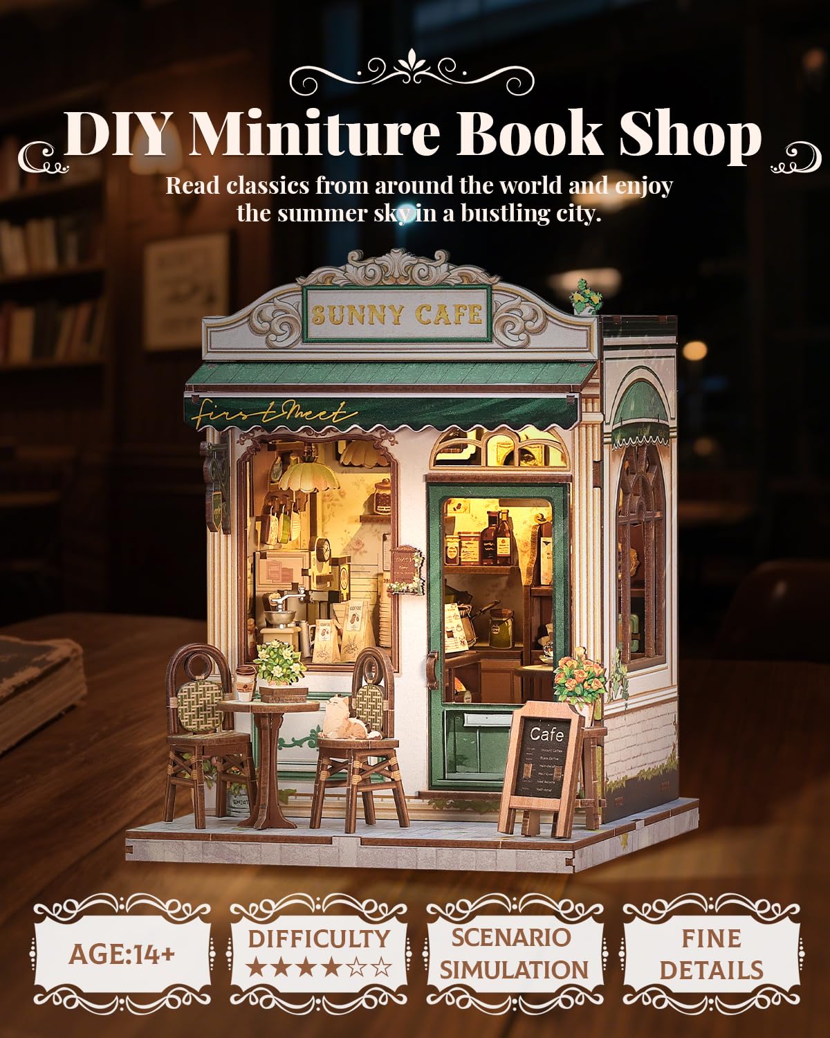 CUTEBEE Sunny Cafe Book Nook Kit - DIY Miniature House with LED Light | Shelf Decor & Gift Idea