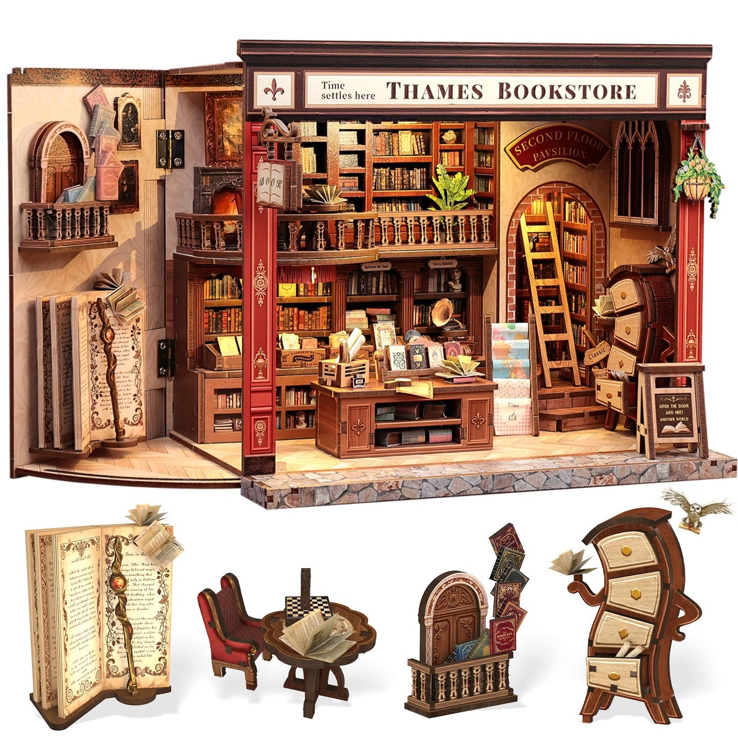 CUTEBEE Thames Bookstore Kit – DIY Miniature Library Book Nook for Shelf Decor