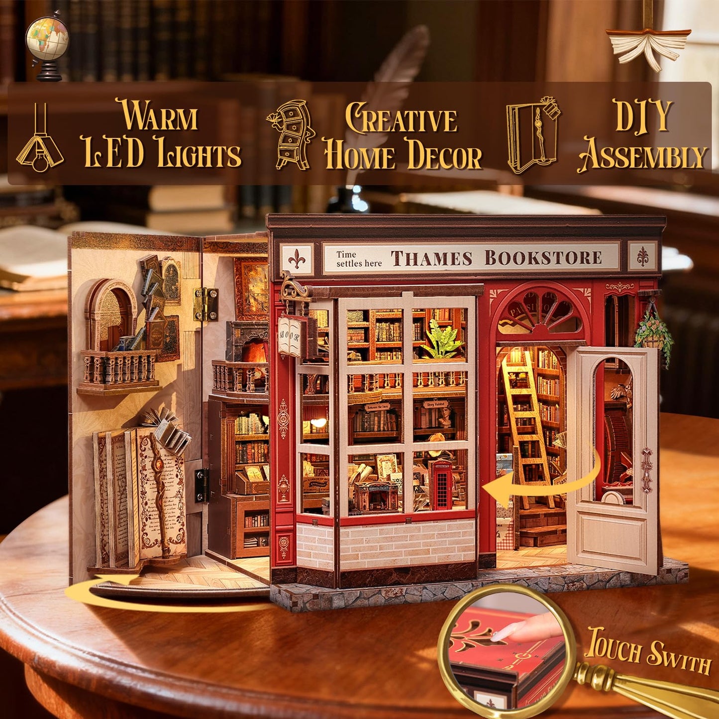 CUTEBEE Thames Bookstore Kit – DIY Miniature Library Book Nook for Shelf Decor