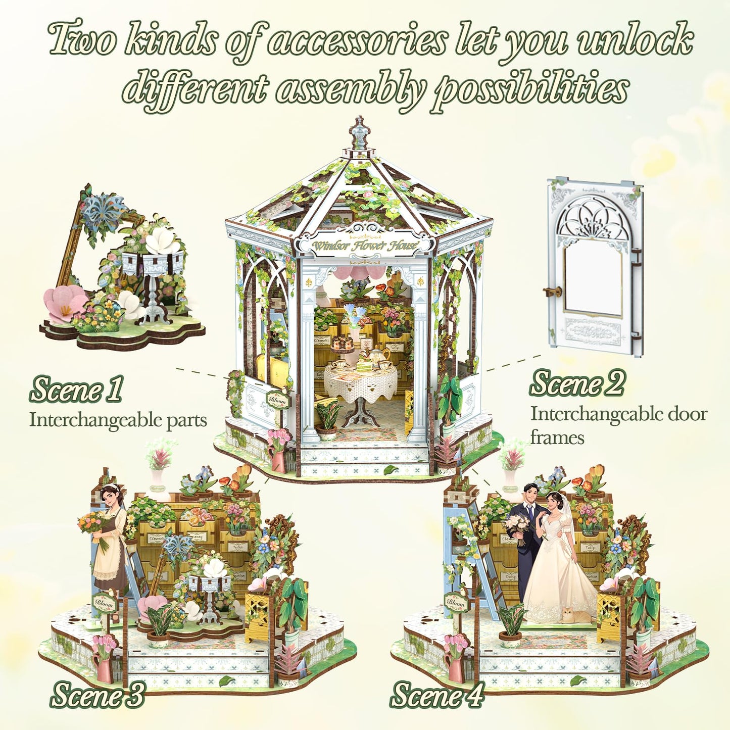 CUTEBEE Windsor Flower House Kit – DIY 3D Miniature Dollhouse with LED Lights