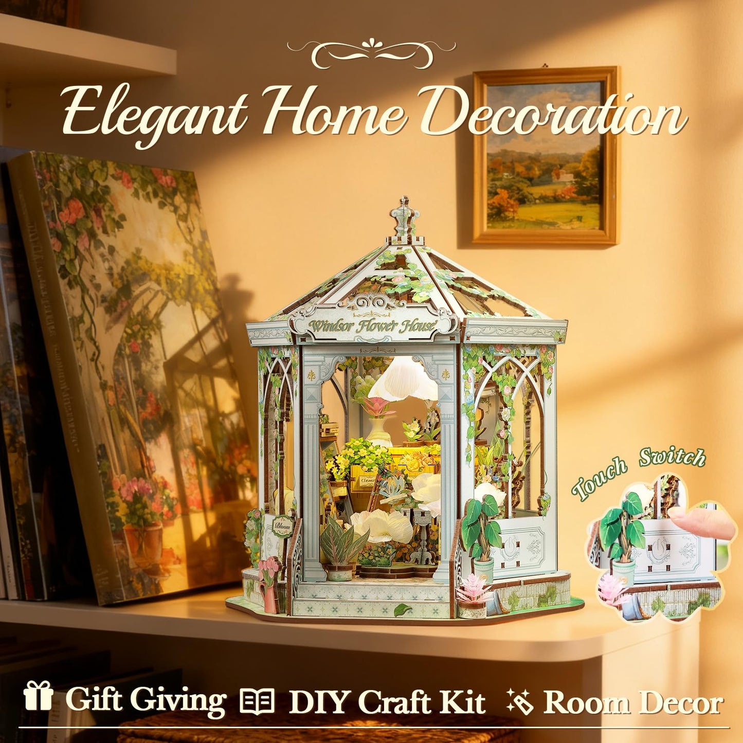 CUTEBEE Windsor Flower House Kit – DIY 3D Miniature Dollhouse with LED Lights