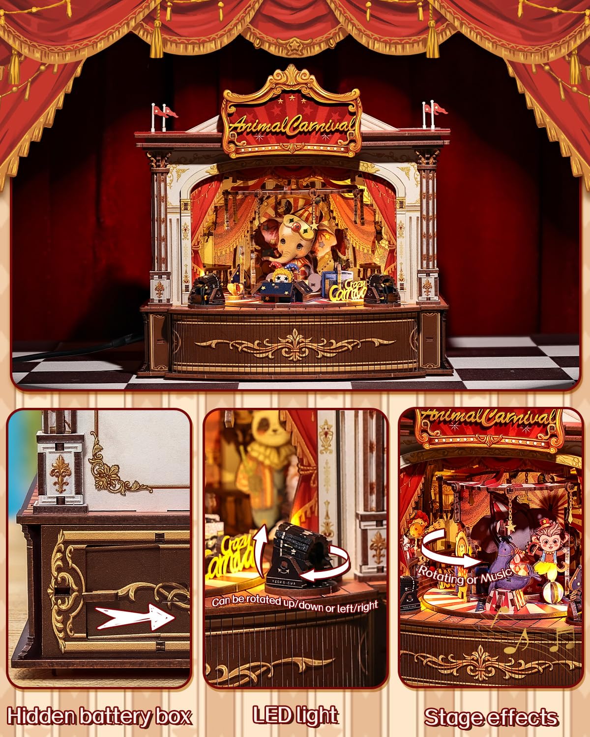 CUTEBEE 3D Wooden Puzzles Music Box – Merry-Go-Round DIY Book Nook with LED